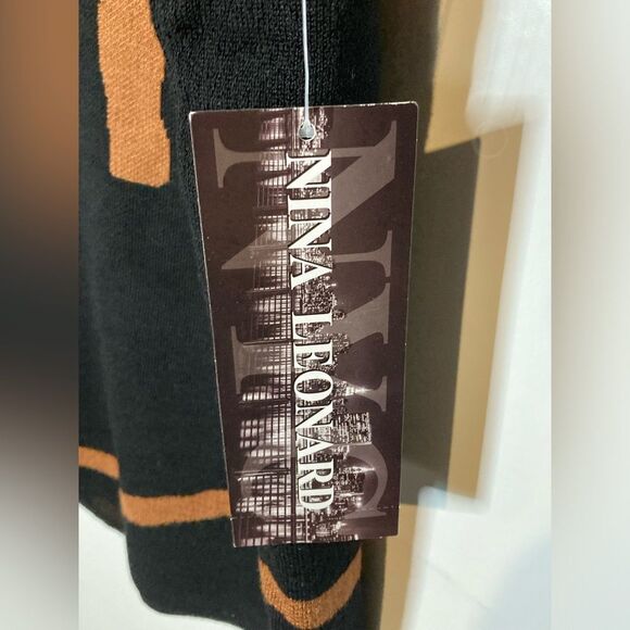 NWT Nina Leonard Long Sleeve Black/Cognac Swirl Pattern Dress, size Medium - Picture 3 of 6